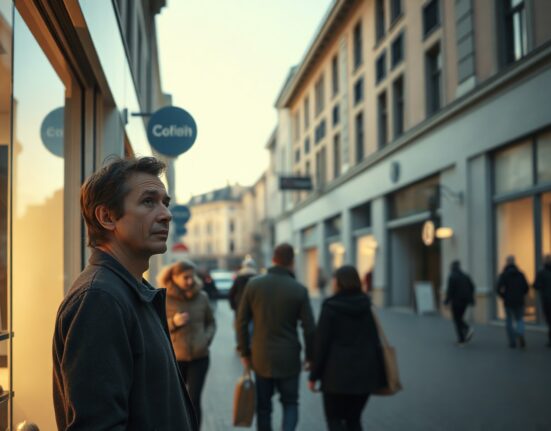 Shopper looking at a storefront in a German city street, reflecting cautious consumer sentiment.