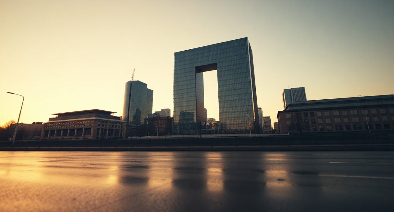European Central Bank headquarters in Frankfurt at sunrise with clear sky