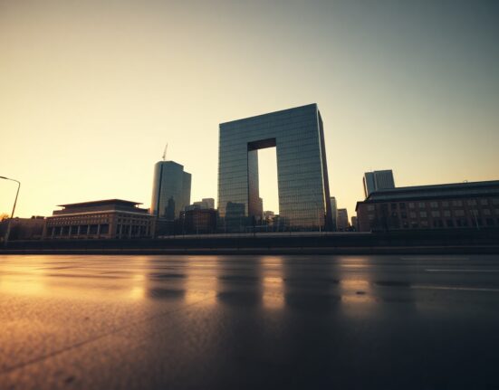European Central Bank headquarters in Frankfurt at sunrise with clear sky