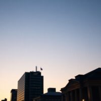 Frankfurt skyline with ECB headquarters at dusk, representing German bond market stability.