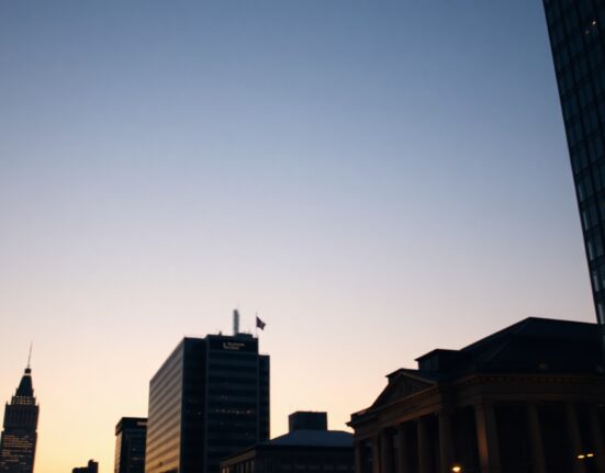 Frankfurt skyline with ECB headquarters at dusk, representing German bond market stability.