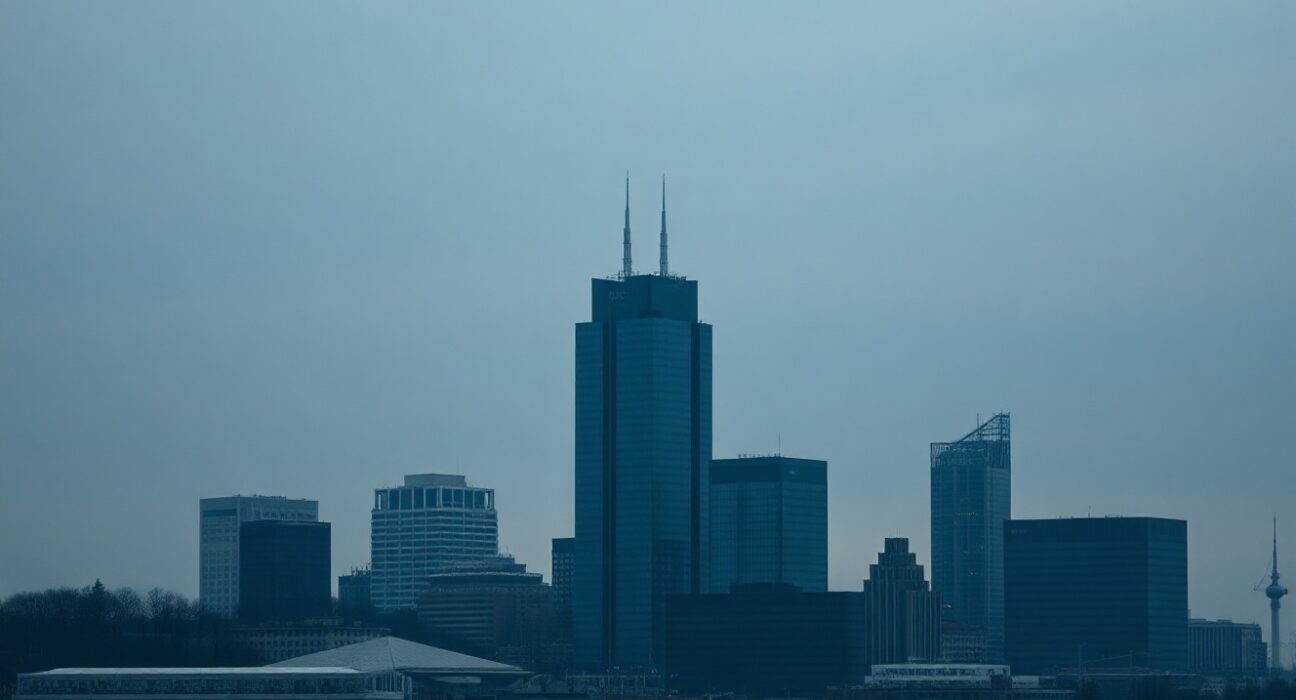 Frankfurt skyline with the European Central Bank headquarters under a moody sky, reflecting bond market tension.