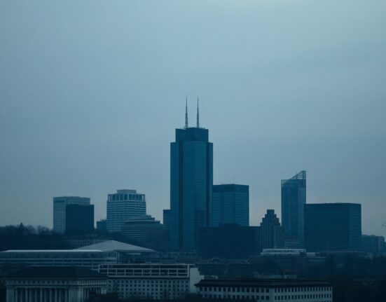 Frankfurt skyline with the European Central Bank headquarters under a moody sky, reflecting bond market tension.