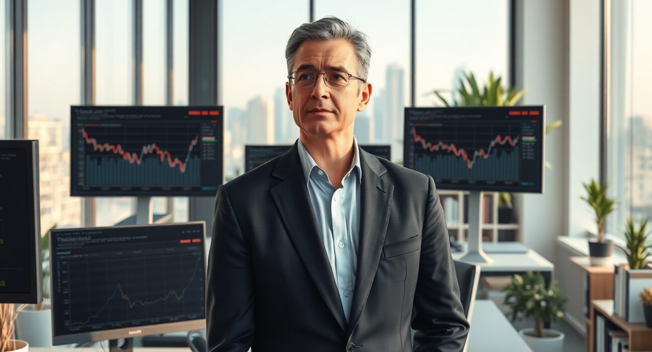 Financial analyst reviewing German ZEW Economic Sentiment data showing negative outlook for April 2025