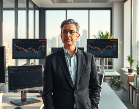 Financial analyst reviewing German ZEW Economic Sentiment data showing negative outlook for April 2025