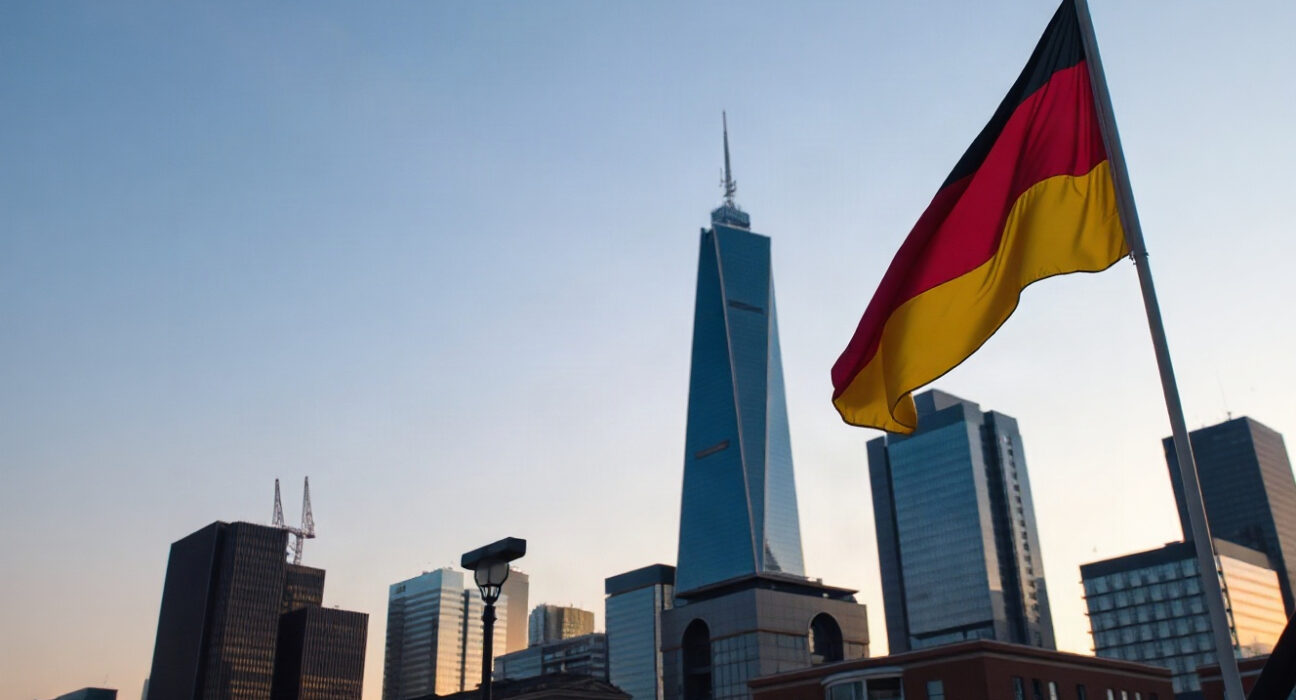Frankfurt skyline with German flag, symbolizing economic sentiment