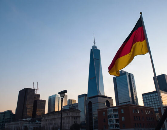 Frankfurt skyline with German flag, symbolizing economic sentiment
