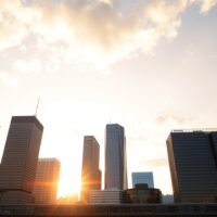 Frankfurt skyline at dawn representing German economic sentiment and ZEW survey results.