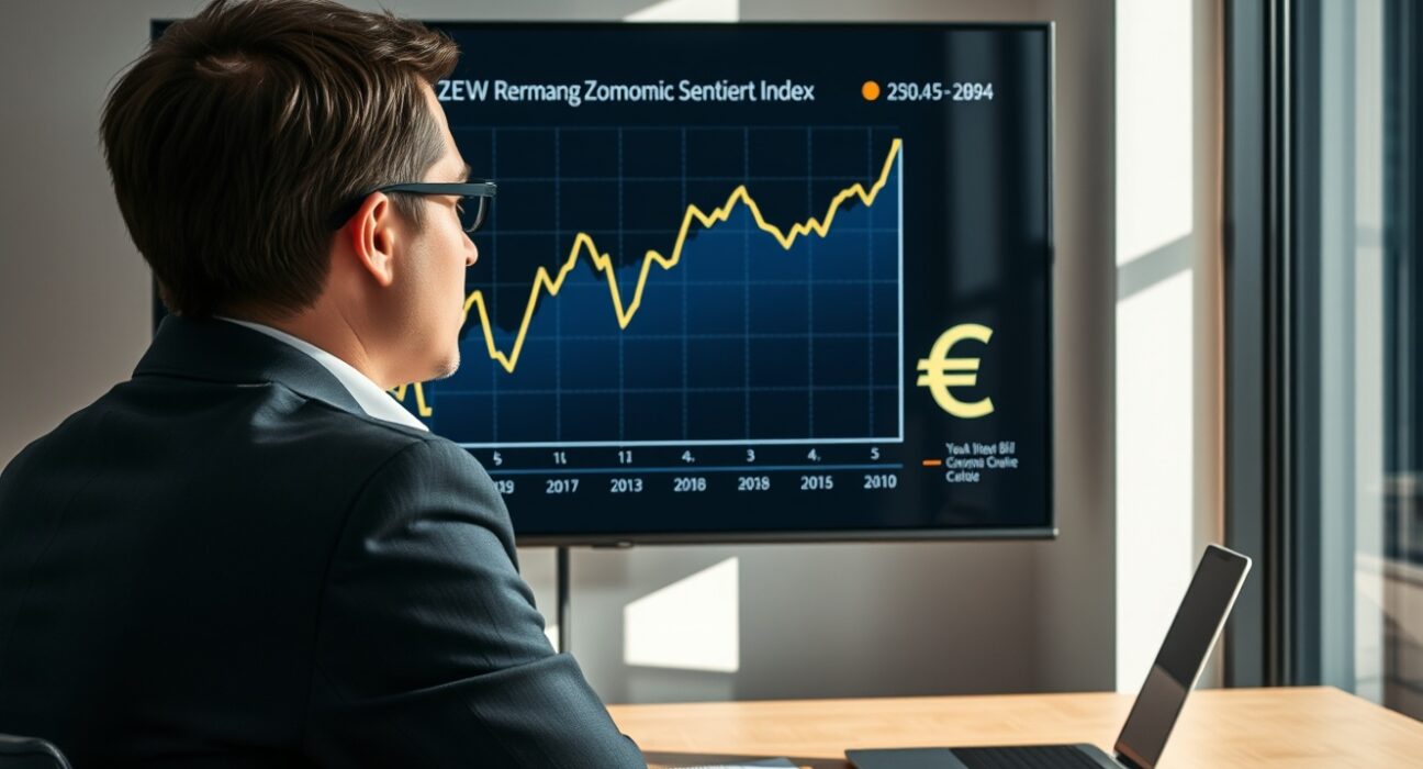 Financial analyst monitoring German ZEW Survey data on a digital screen in a modern office
