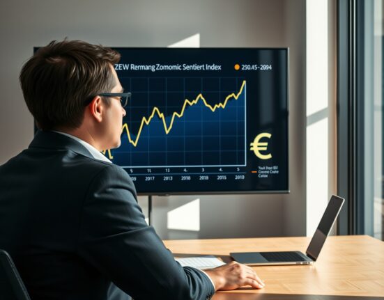 Financial analyst monitoring German ZEW Survey data on a digital screen in a modern office