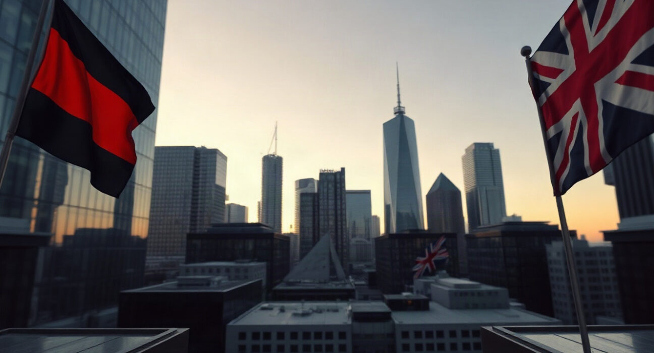 Financial district skyline with German and UK flags at dawn, representing economic data focus.