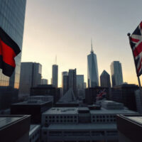 Financial district skyline with German and UK flags at dawn, representing economic data focus.