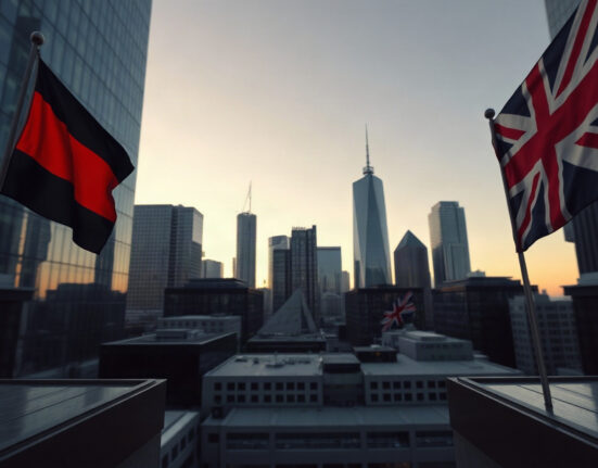 Financial district skyline with German and UK flags at dawn, representing economic data focus.