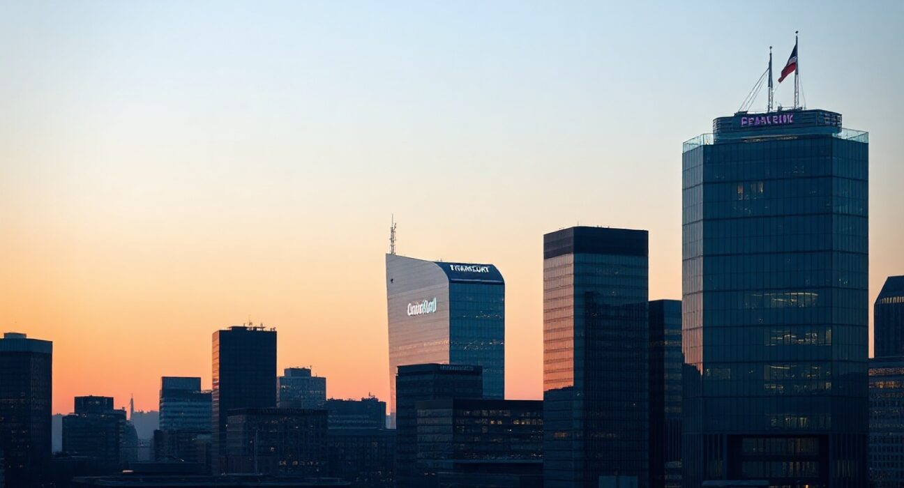 Frankfurt financial district skyline at dusk, symbolizing German bond market