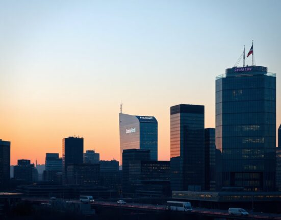 Frankfurt financial district skyline at dusk, symbolizing German bond market