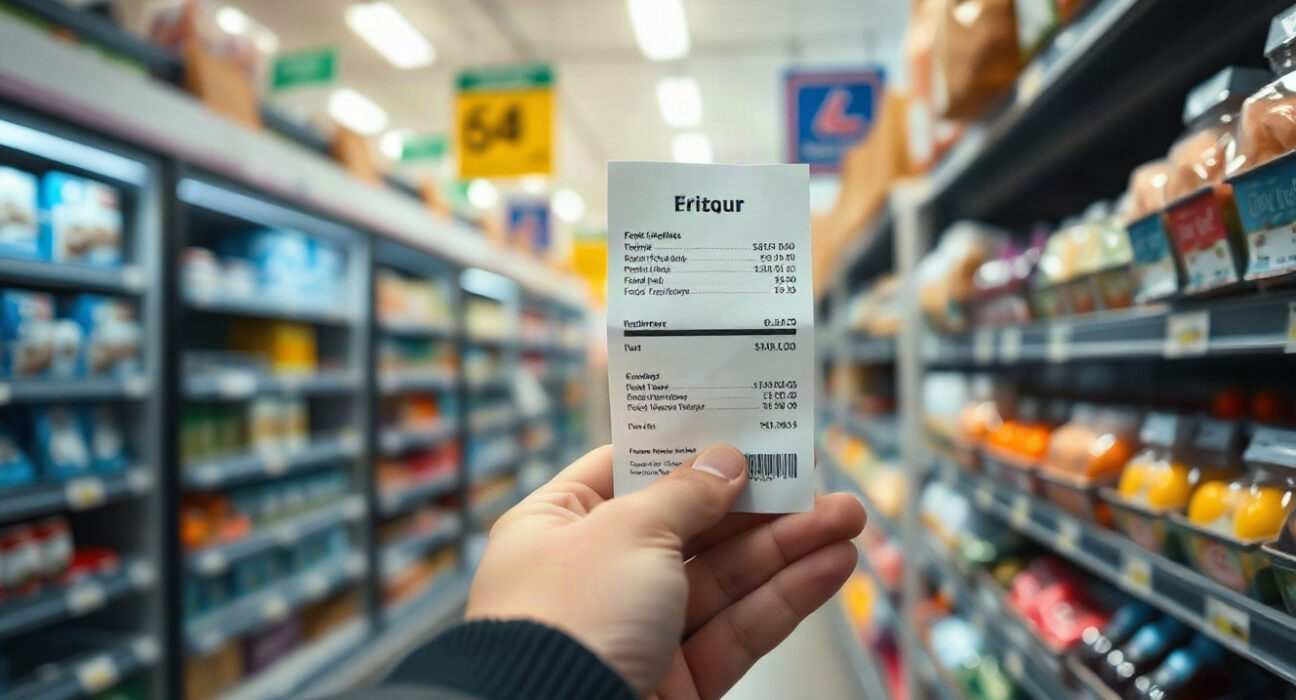 Shopper examining a price tag in a German supermarket, illustrating inflation data
