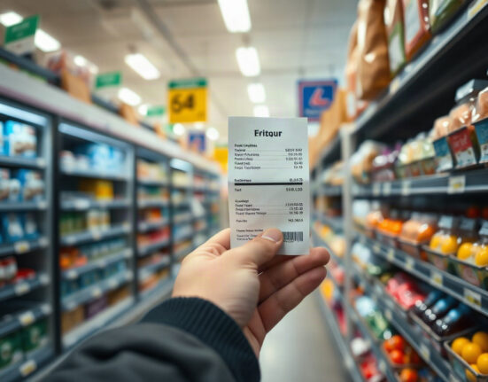 Shopper examining a price tag in a German supermarket, illustrating inflation data
