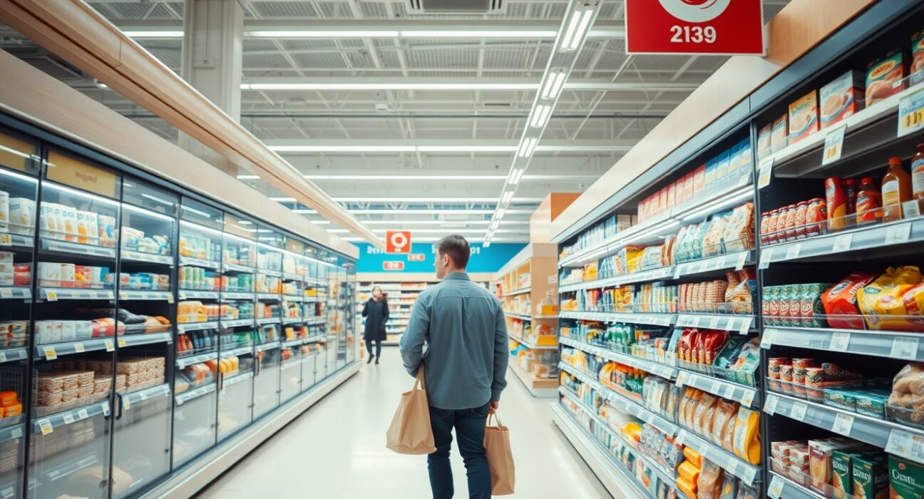 Shoppers in a Bavarian grocery store looking at price tags, representing regional inflation data.
