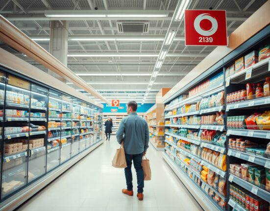 Shoppers in a Bavarian grocery store looking at price tags, representing regional inflation data.
