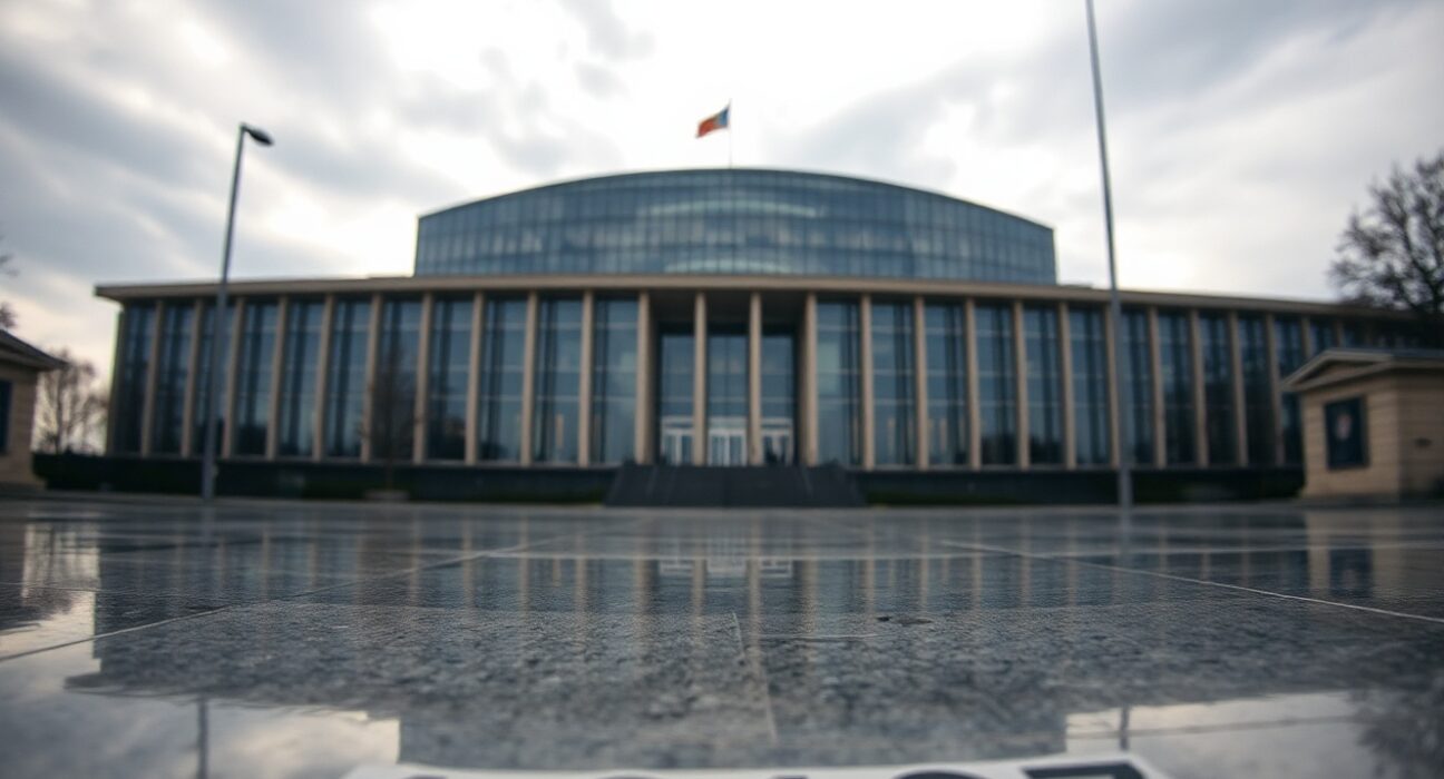 German Chancellery building under overcast sky, symbolizing policy reform and economic analysis.