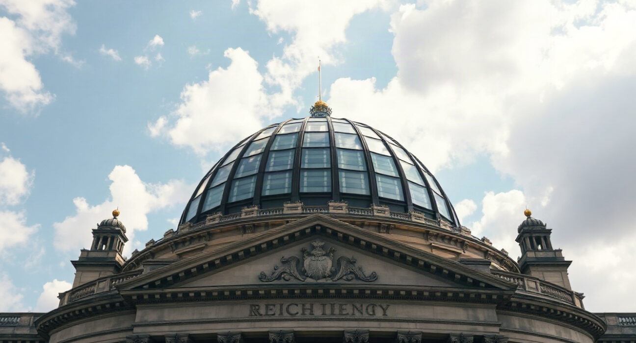 German Reichstag building with glass dome under cloudy sky