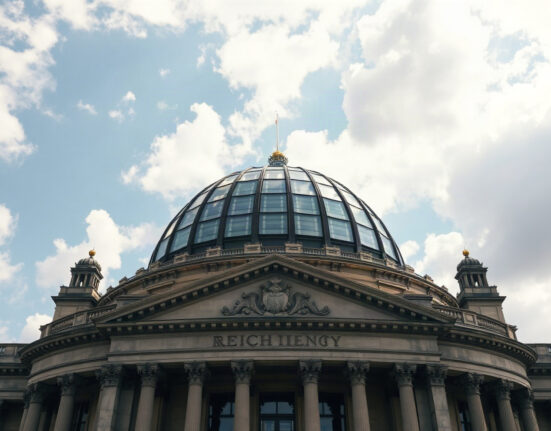 German Reichstag building with glass dome under cloudy sky