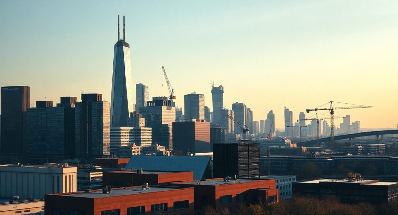 Panoramic view of a German city skyline at dawn, symbolizing economic activity and the latest PMI data.