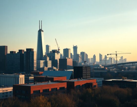 Panoramic view of a German city skyline at dawn, symbolizing economic activity and the latest PMI data.