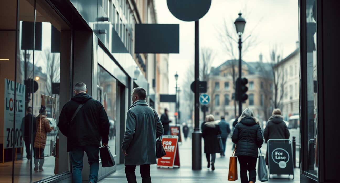 Subdued shopping street in a German city on a cloudy day, reflecting cautious consumer sentiment