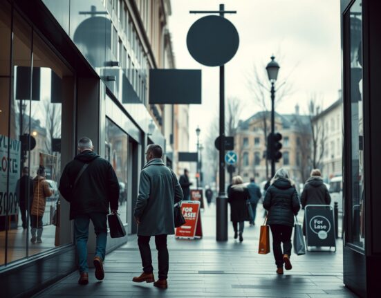 Subdued shopping street in a German city on a cloudy day, reflecting cautious consumer sentiment