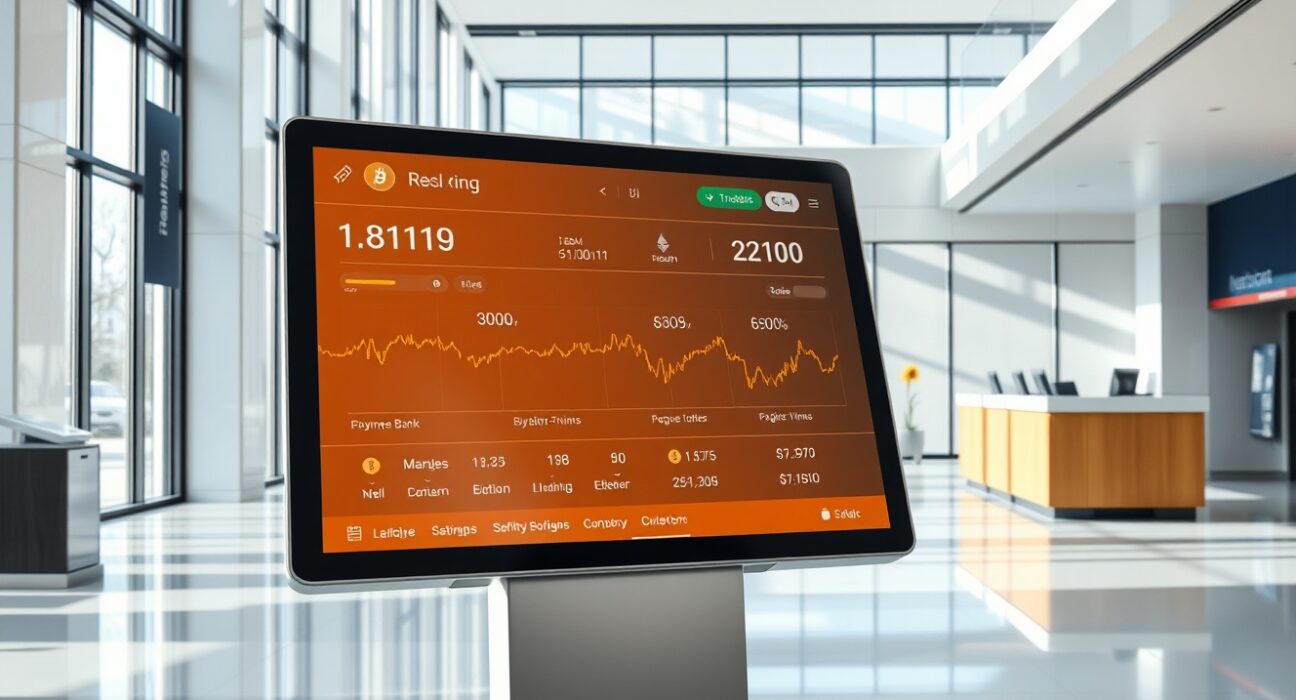Digital cryptocurrency trading interface displayed on a tablet inside a modern German bank branch