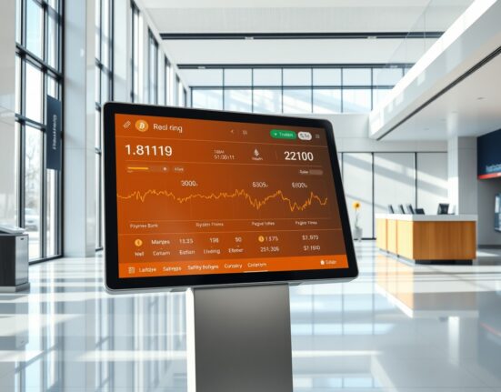 Digital cryptocurrency trading interface displayed on a tablet inside a modern German bank branch