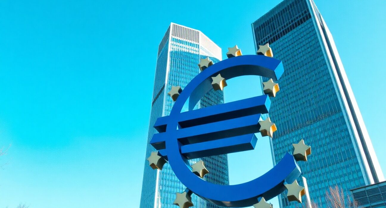 European Central Bank headquarters in Frankfurt, Germany, with euro sculpture in foreground.