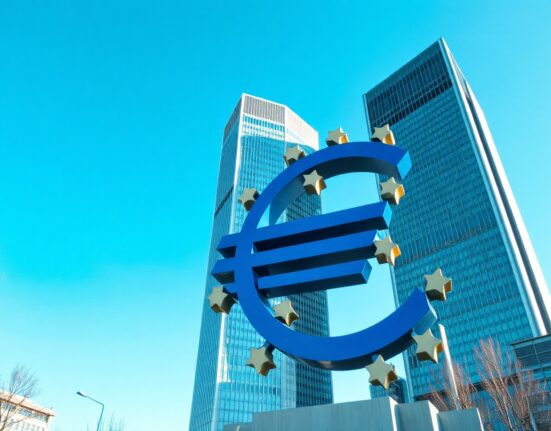 European Central Bank headquarters in Frankfurt, Germany, with euro sculpture in foreground.