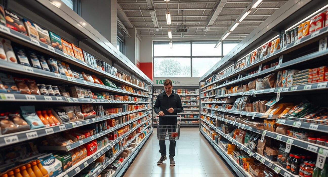 Shopper in a German supermarket aisle looking at price tags, representing consumer inflation.