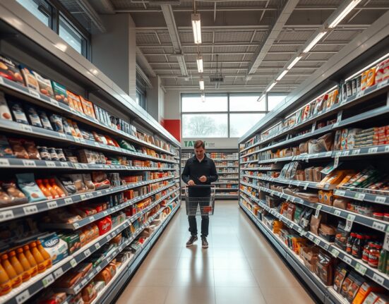 Shopper in a German supermarket aisle looking at price tags, representing consumer inflation.