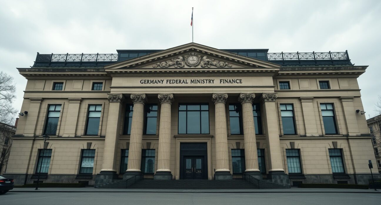 Exterior of the German Federal Ministry of Finance building in Berlin under overcast skies