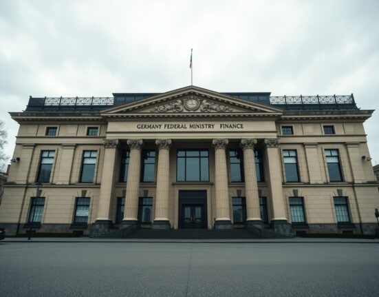 Exterior of the German Federal Ministry of Finance building in Berlin under overcast skies