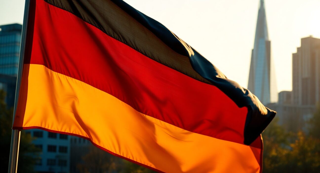 German flag flying over Frankfurt skyline with European Central Bank building, representing economic data