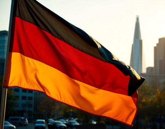 German flag flying over Frankfurt skyline with European Central Bank building, representing economic data