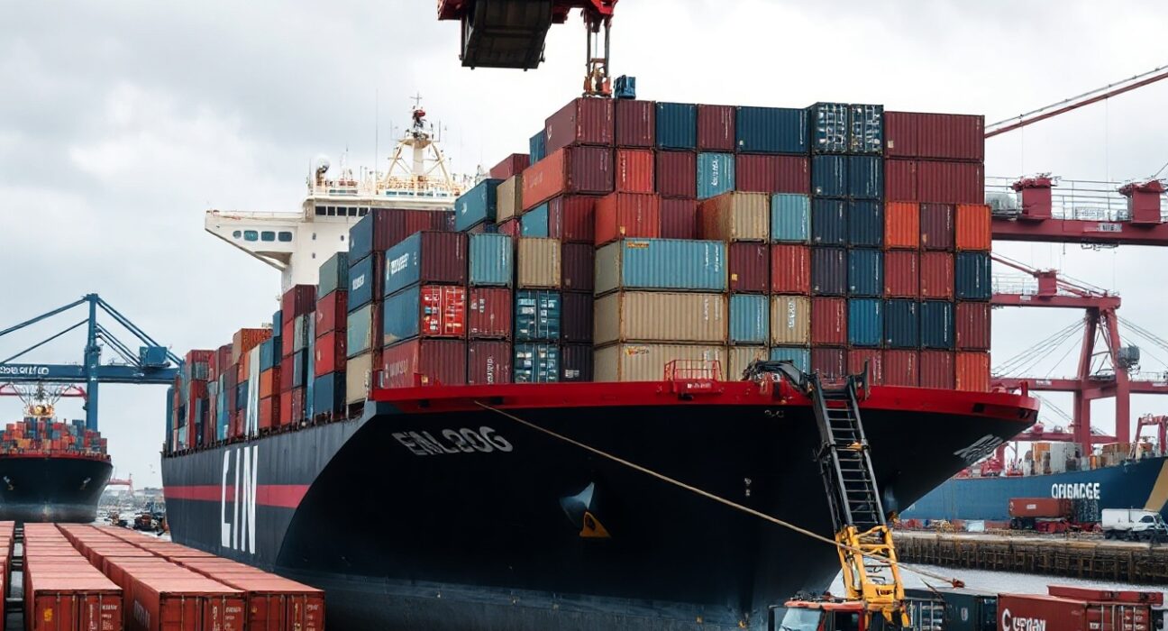 Large cargo ship being loaded with containers at a German port, representing rising exports in May.