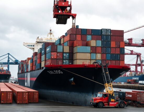 Large cargo ship being loaded with containers at a German port, representing rising exports in May.