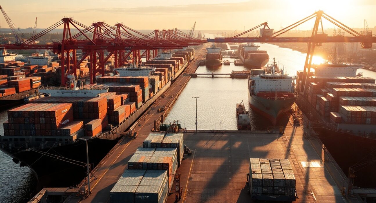 Container ships and cranes at the Port of Hamburg, Germany, symbolizing export activity.