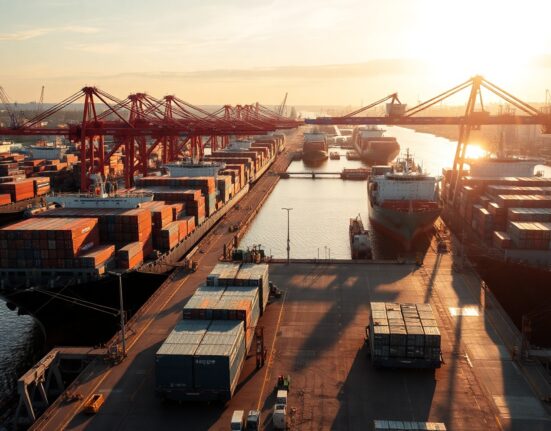 Container ships and cranes at the Port of Hamburg, Germany, symbolizing export activity.