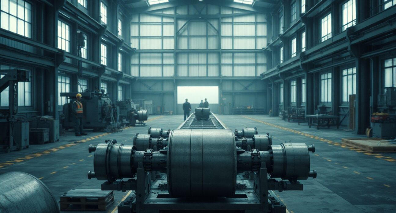 Interior of a German industrial factory with machinery and workers, reflecting a slowdown in production.