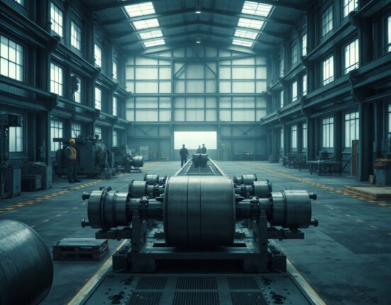Interior of a German industrial factory with machinery and workers, reflecting a slowdown in production.