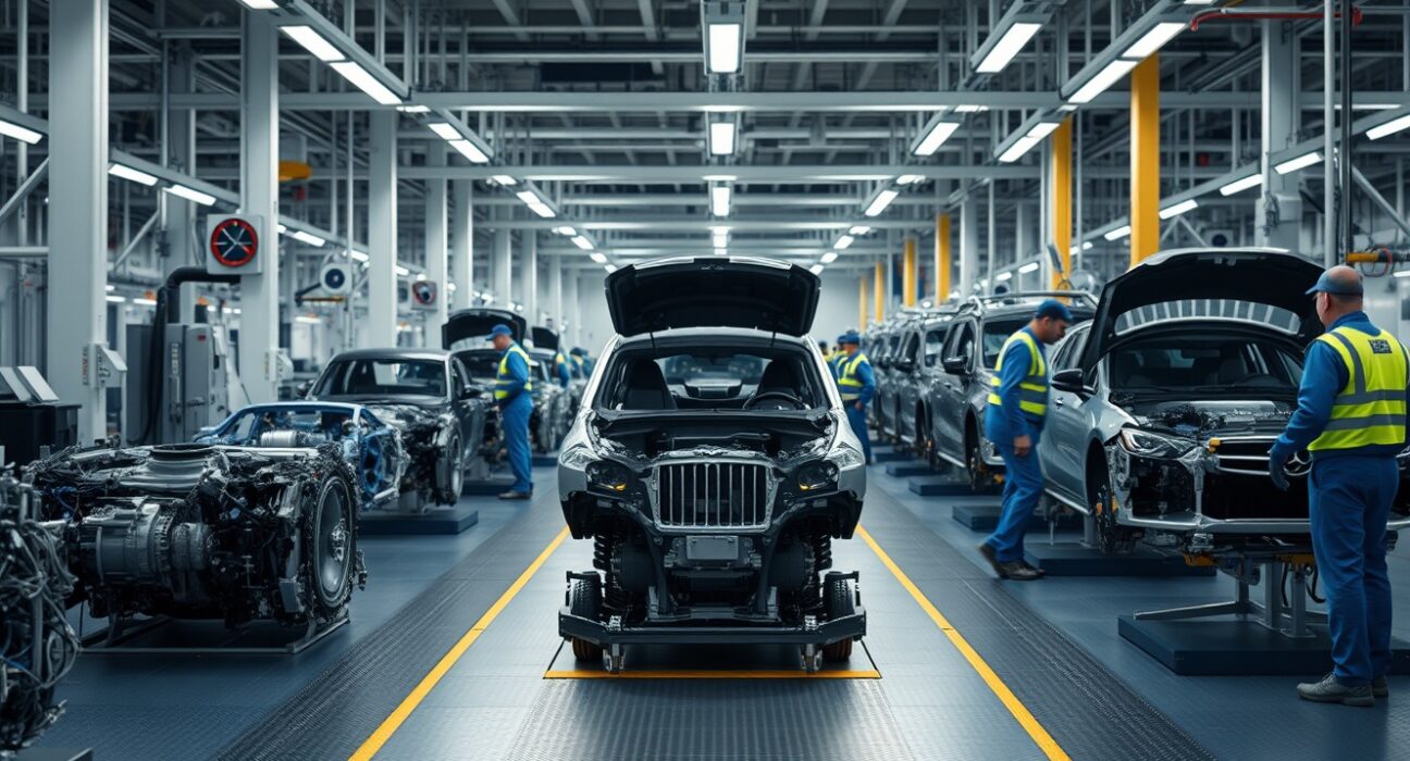 Interior of a German industrial factory with workers and machinery on the production line.