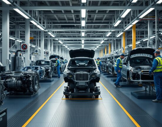 Interior of a German industrial factory with workers and machinery on the production line.