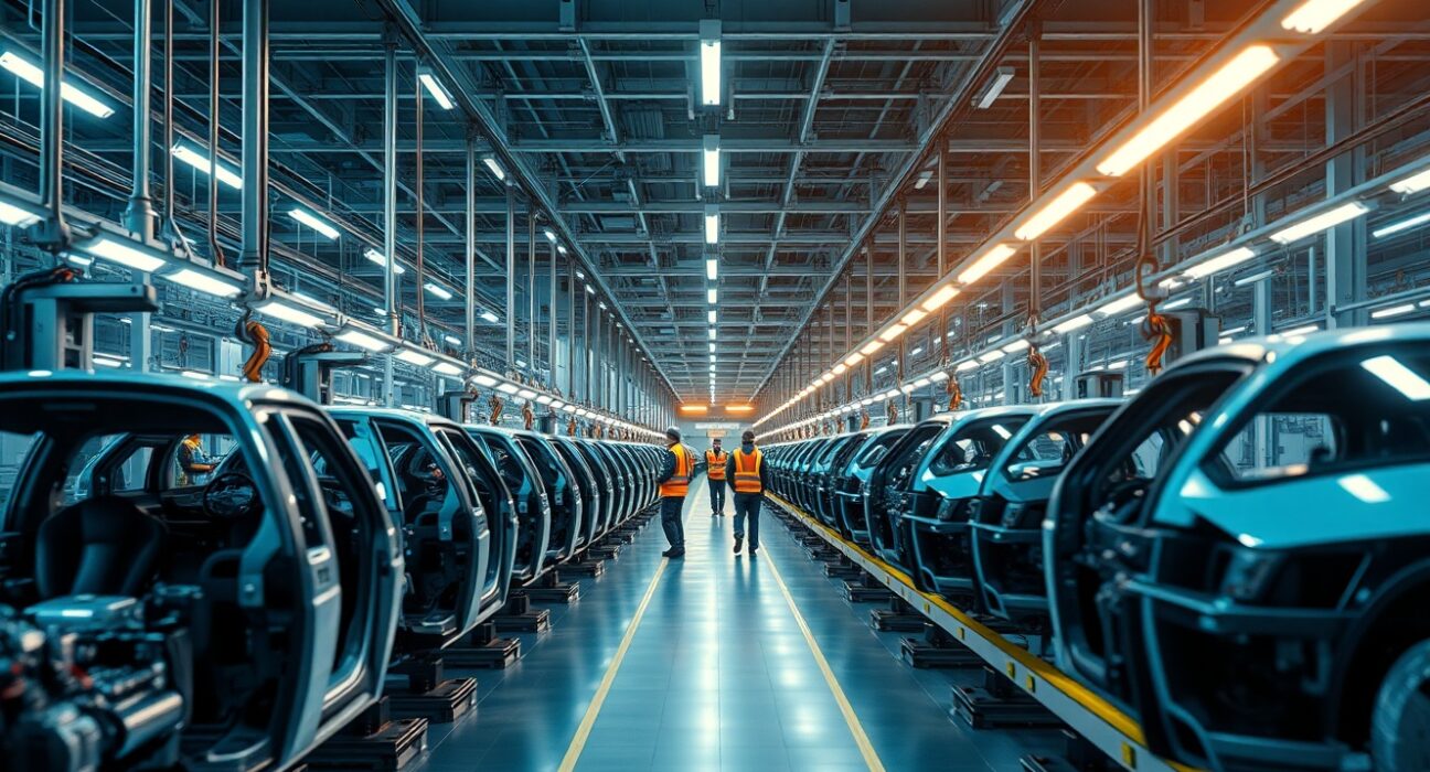 Interior of a German factory with assembly line and workers in the early morning light