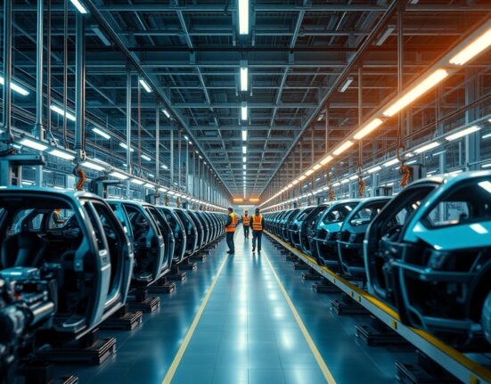 Interior of a German factory with assembly line and workers in the early morning light